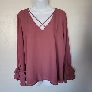 Timing Boutique Brand Medium Light Burgundy Long Sleeve Blouse Bell Ruffle Cross
